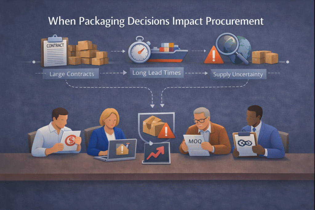 Procurement-focused diagram showing packaging decisions affecting cost, inventory risk, and supply chain flexibility in cannabis operations